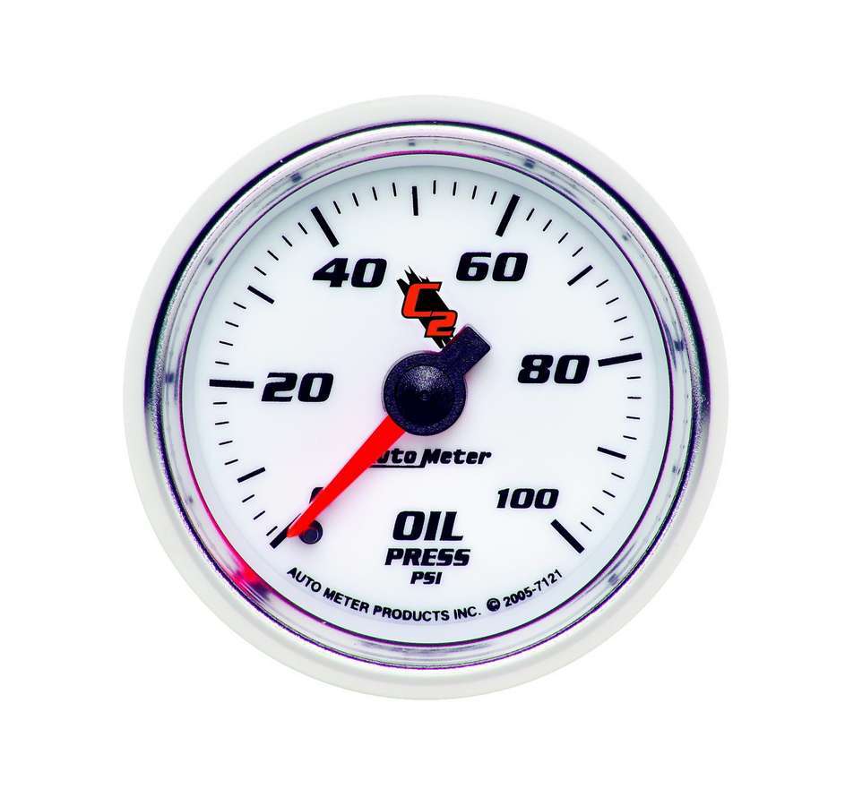 Auto Meter Oil Pressure Gauge, C2, 0-100 psi, Mechanical, Analog, 2-1/16" Diameter, White Face, Each