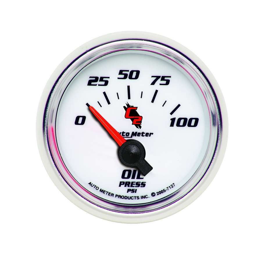 Auto Meter Oil Pressure Gauge, C2, 0-100 psi, Electric, Analog, Short Sweep, 2-1/16" Diameter, White Face, Each