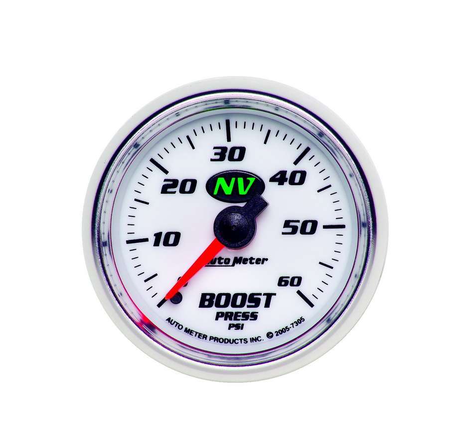 Auto Meter Boost Gauge, NV, 0-60 psi, Mechanical, Analog, 2-1/16" Diameter, White Face, Each