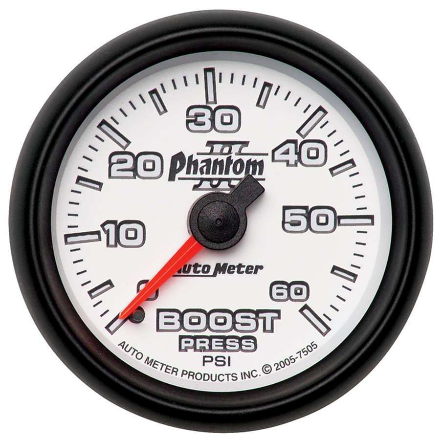 Auto Meter Boost Gauge, Phantom II, 0-60 psi, Mechanical, Analog, 2-1/16" Diameter, White Face, Each