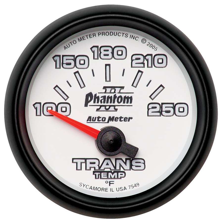 Auto Meter Transmission Temperature Gauge, Phantom II, 100-250 Degree F, Electric, Analog, Short Sweep, 2-1/16" Diameter, White