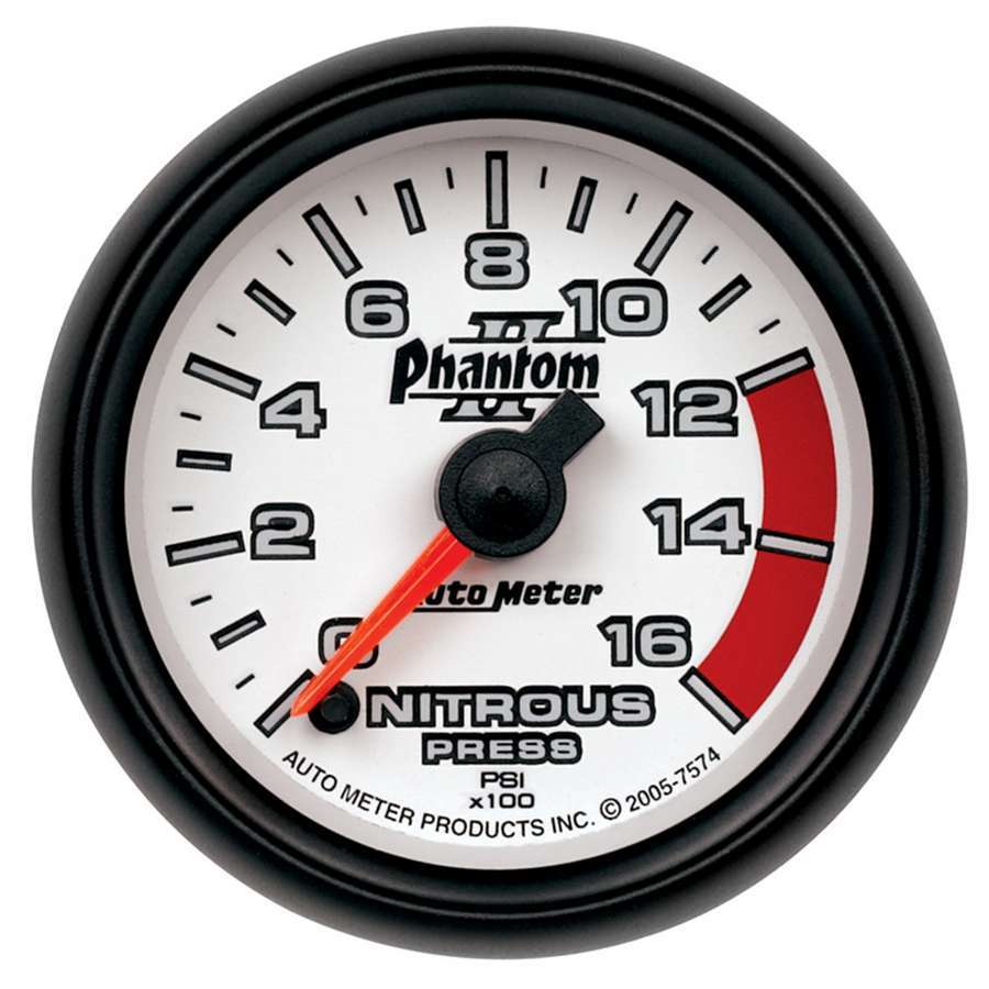 Auto Meter Nitrous Pressure Gauge, Phantom II, 0-1600 psi, Electric, Analog, Full Sweep, 2-1/16" Diameter, White Face, Each