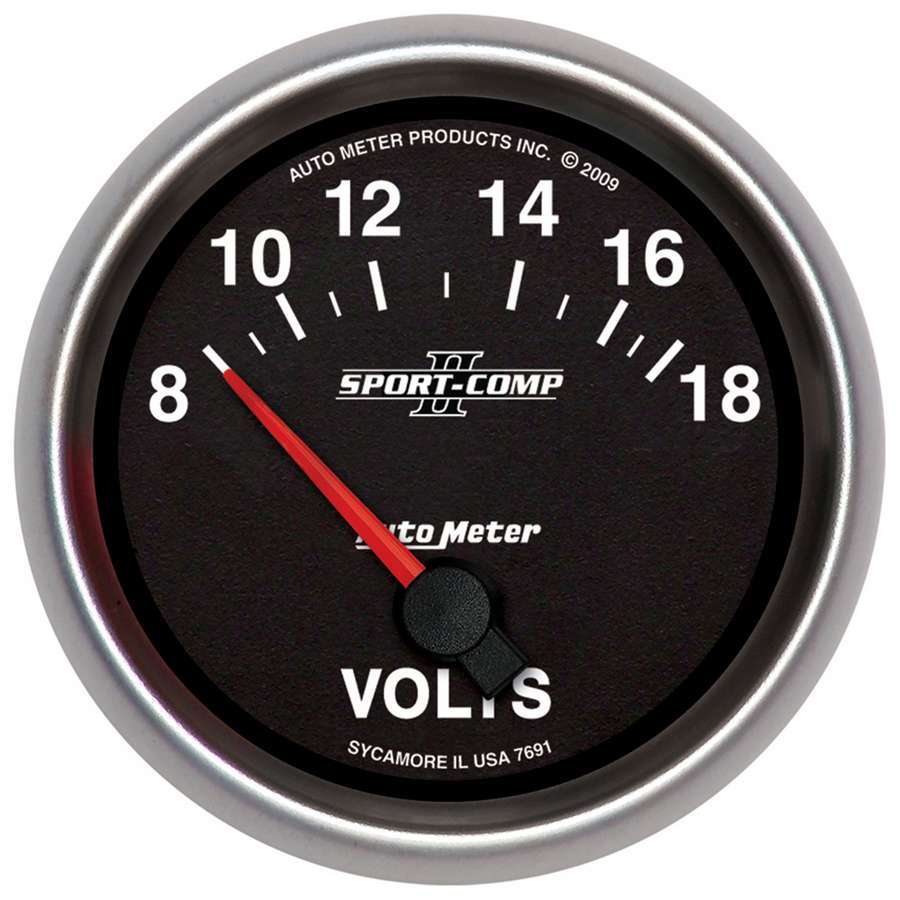 Auto Meter Voltmeter, Sport-Comp II, 8-18V, Electric, Analog, Short Sweep, 2-5/8" Diameter, Black Face, Each