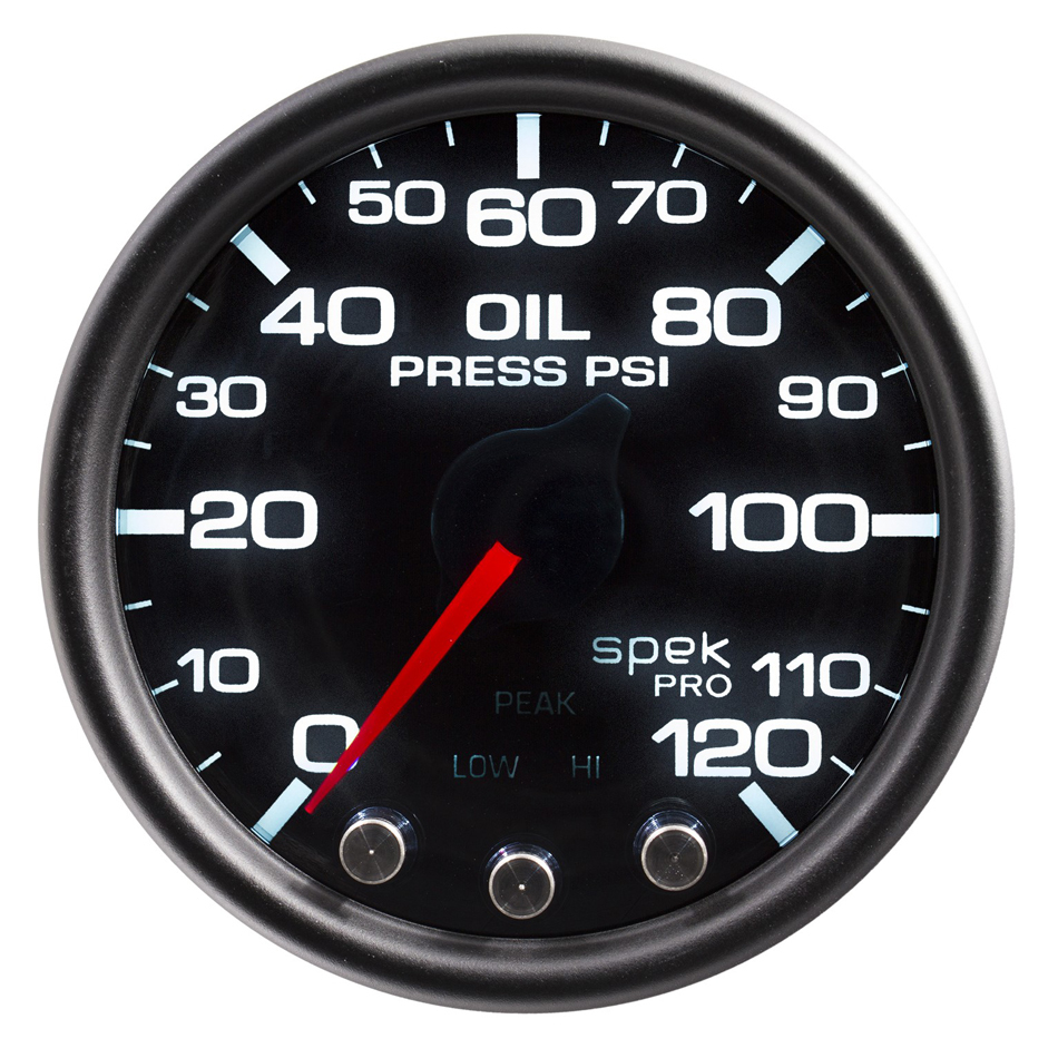 Auto Meter Oil Pressure Gauge, Spek-Pro, Stepper Motor, 0-120 psi, Electric, Analog, Full Sweep, 2-1/16" Diameter, Black Face, E