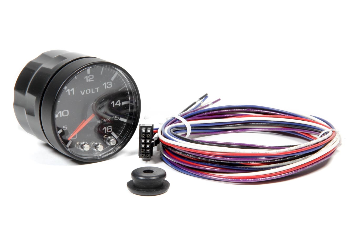 Auto Meter Voltmeter, Spek Pro, 8-16V, Electric, Analog, Full Sweep, 2-1/16" Diameter, Black Face, Each