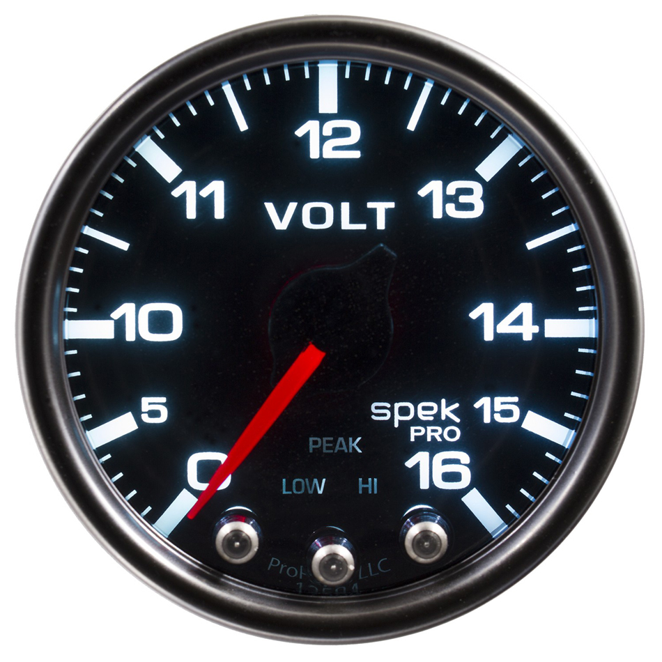Auto Meter Voltmeter, Spek-Pro, Stepper Motor, 0-18V, Electric, Analog, Full Sweep, 2-1/16" Diameter, Black Face, Each