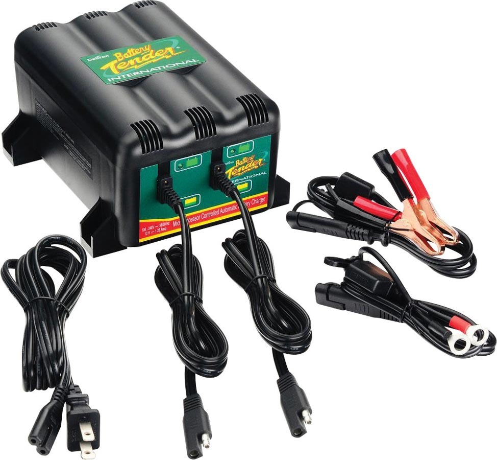 BATTERY TENDER Battery Charger, Battery Tender International, Universal AC Input, 12V, 1.25 amp, 2 Independent Charging Stati