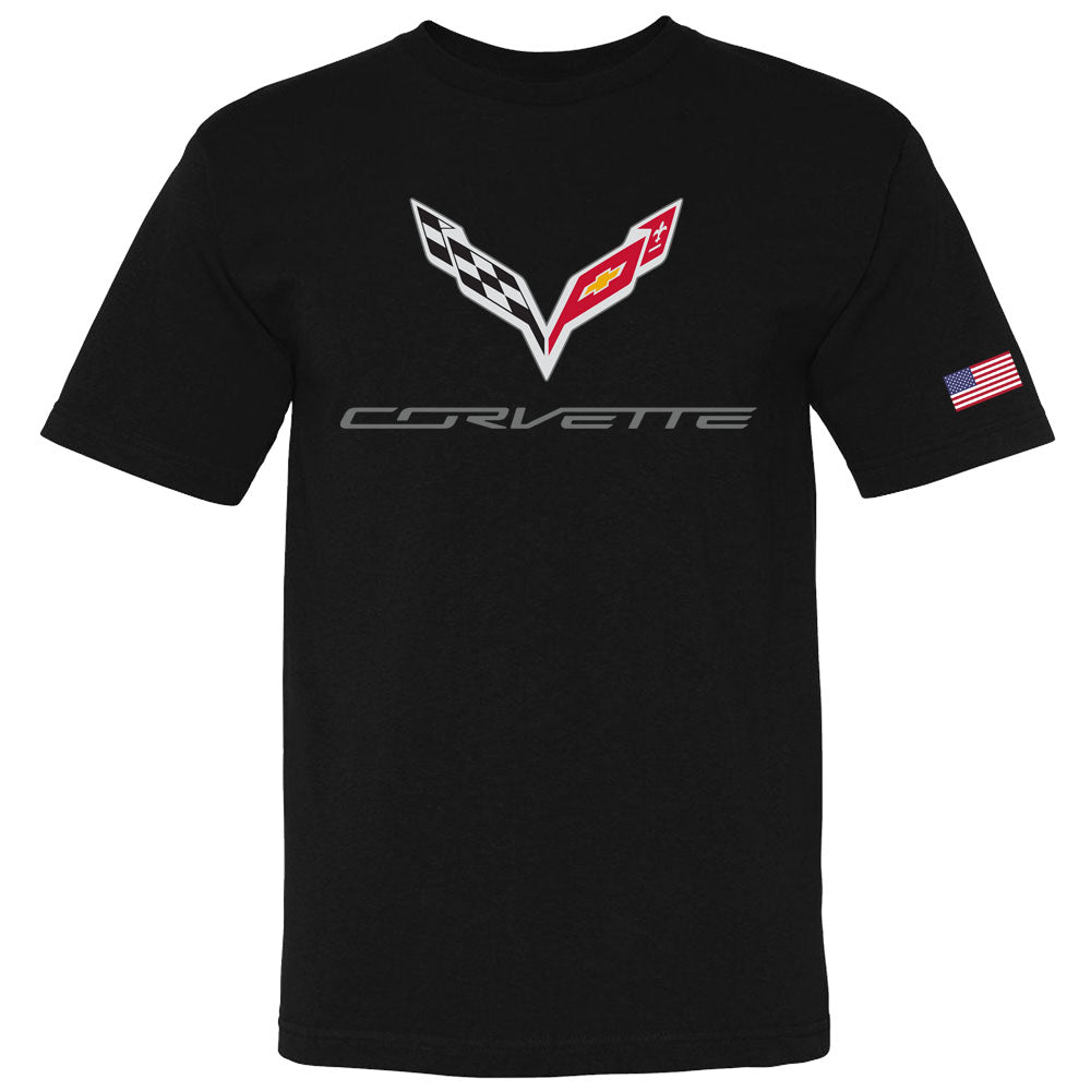 C7 Corvette USA Made Crossed Flags Black T-Shirt Cotton