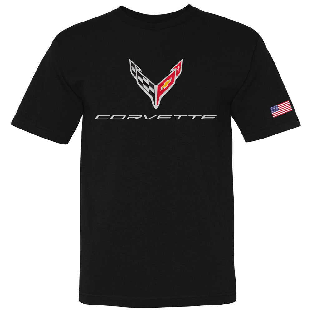 C8 Corvette USA Made Crossed Flags Black T-Shirt Cotton