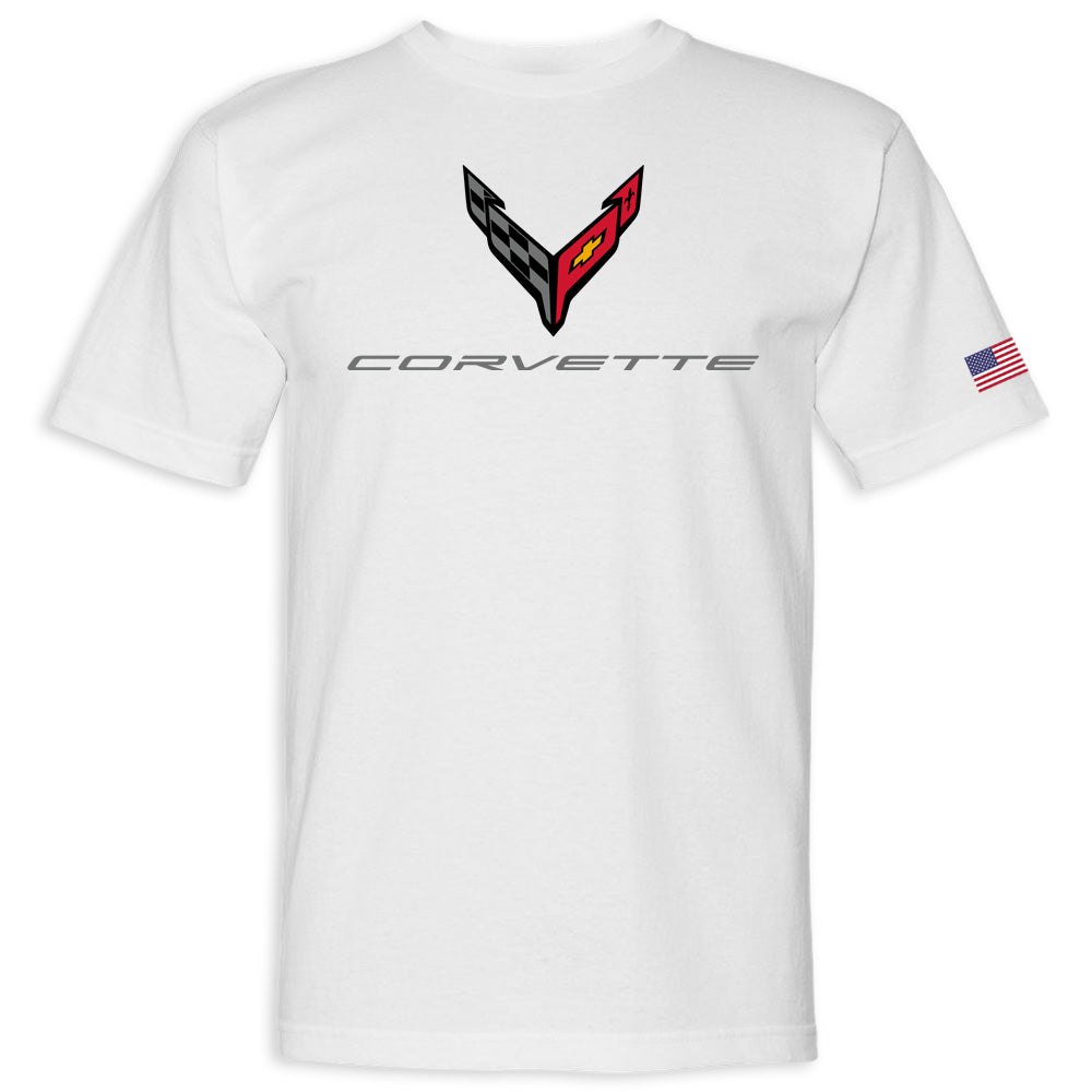 C8 Corvette USA Made Crossed Flags White T-Shirt Cotton