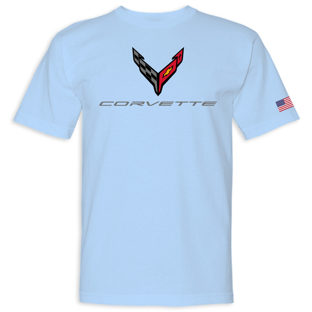 C8 Corvette USA Made Crossed Flags Light Blue T-Shirt Cotton
