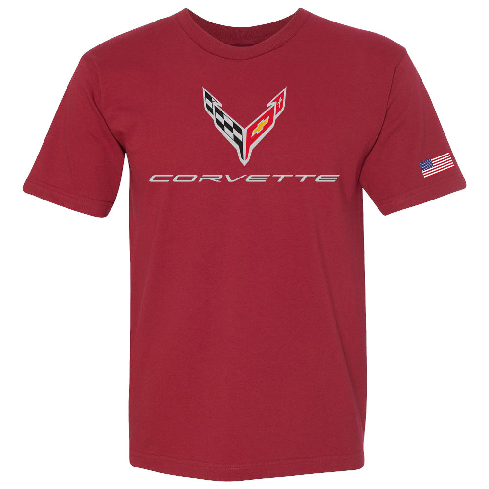 C8 Corvette USA Made Crossed Flags Cardinal T-Shirt Cotton