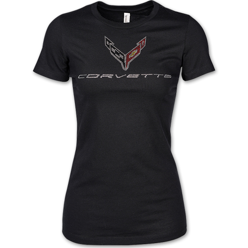 2020+ C8 Corvette Ladies Jeweled T-Shirt wioth C6 Flag Logo and Script
