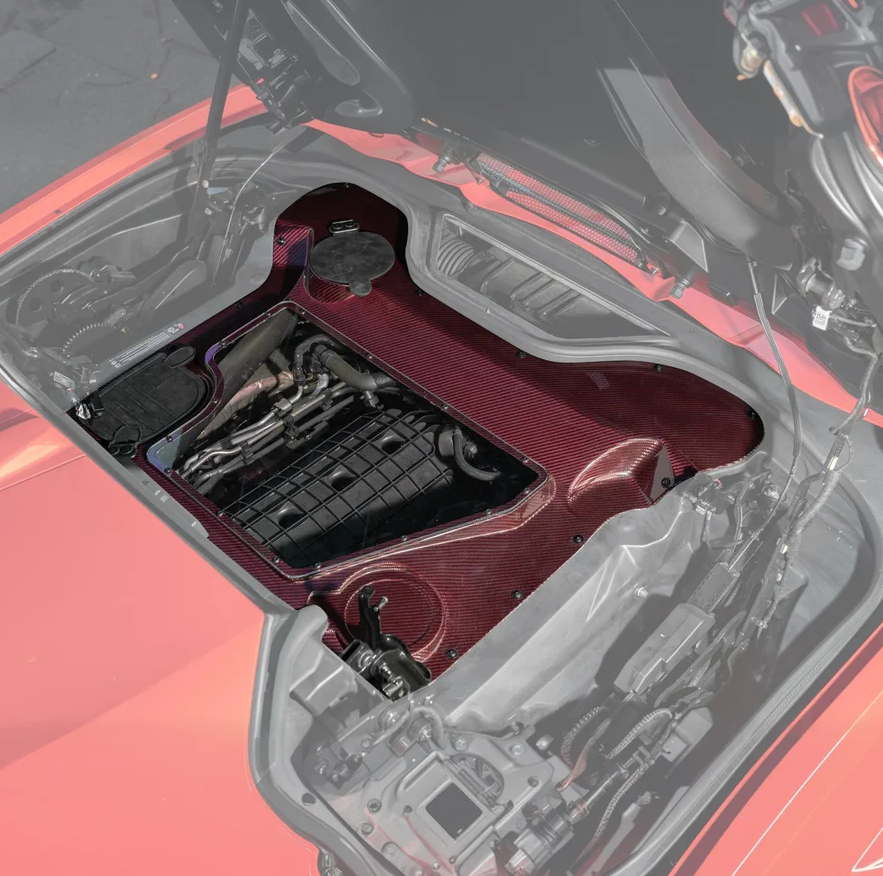 20-26+ C8 Corvette Red Carbon Fiber & Transparent Engine Compartment Lid (Conver