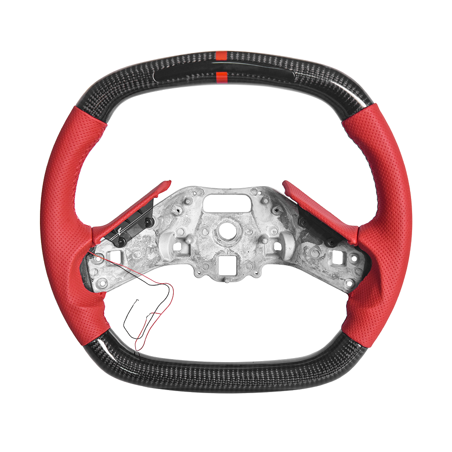 EOS C8 Corvette Carbon Fiber Steering Wheel Red Perforated - W / O Button Cover