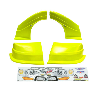 Dirt Track C6 Corvette New Style Race Car Body, Molded Plastic Nose, Fenders and Graphics, Yellow