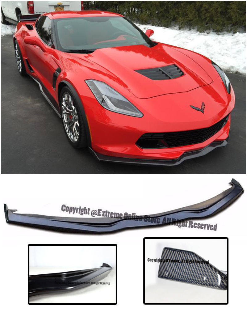 C7 Corvette  2014- All Trim Models Z06's Z07 Stage 2 Style Unpainted Black Front Lip With Side Carbon Deflectors ABS Plastic | C