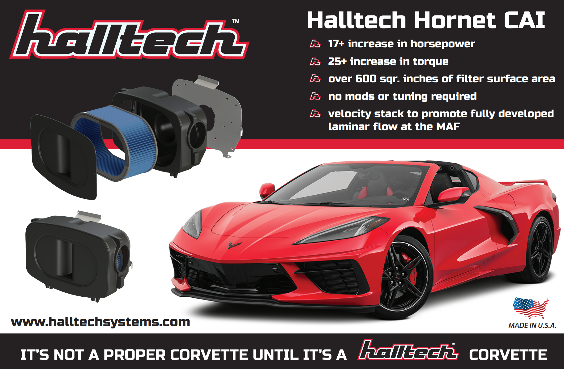 Halltech Hornet C8 Corvette Stingray Coupe 2020-2023, CAI Air Intake System, 17+HP, NO Tuning Needed