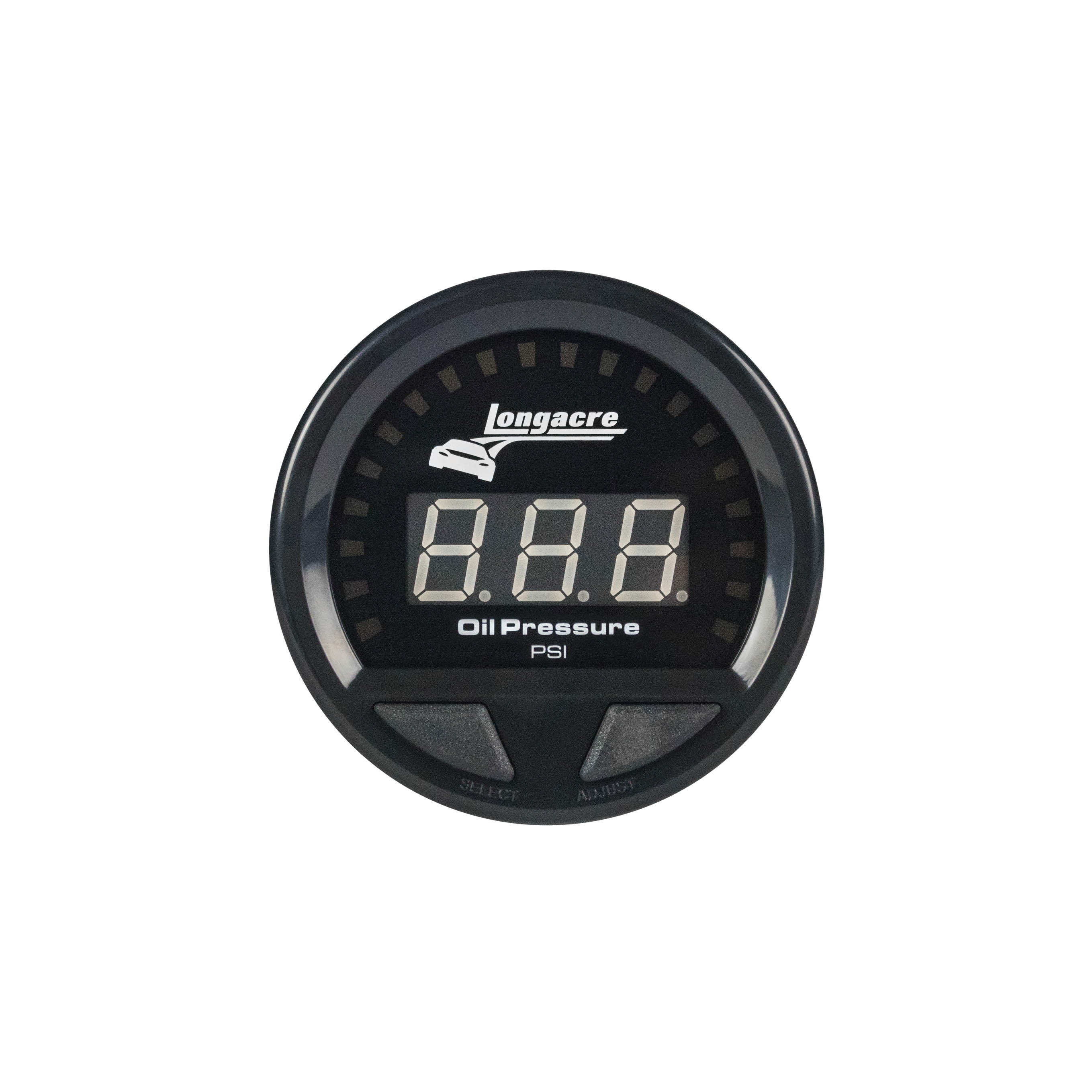 LONGACRE Oil Pressure Gauge, Waterproof LED, 0-120 PSI, Electric, LED, Warning Light, 2-5/8" Diameter, Black Face, Each