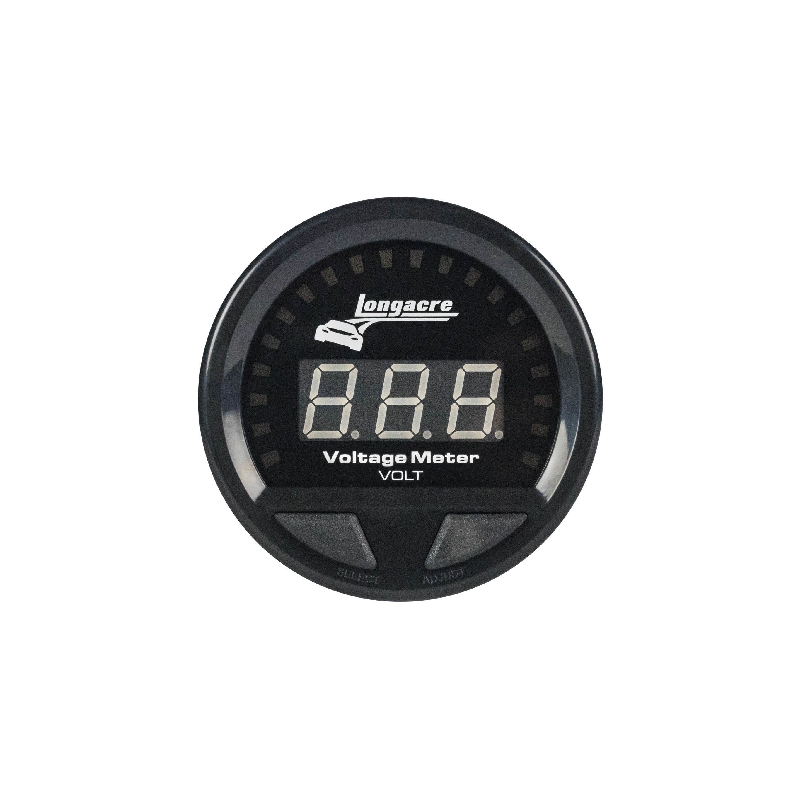 LONGACRE Voltmeter, Waterproof LED, 8-18 V, Electric, LED, Warning Light, 2-5/8" Diameter, Black Face, Each