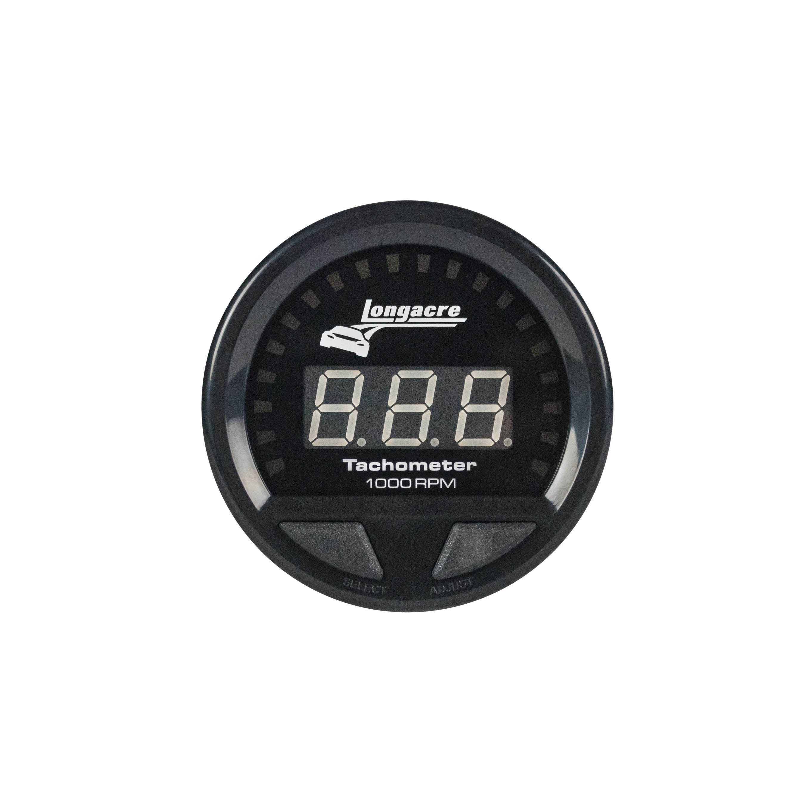 LONGACRE Tachometer, Waterproof LED, 0-10000 RPM, Electric, LED, Warning Light, 2-5/8" Diameter, Black Face, Each