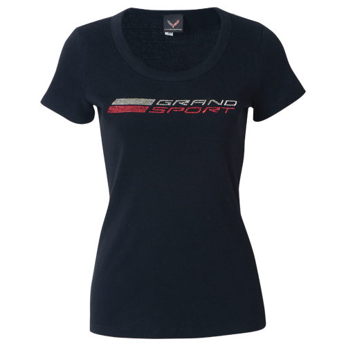 C7 Grand Sport Corvette Ladies C7 Grand Sport Logo Rhinestone T-Shirt Sccop Neck Bella