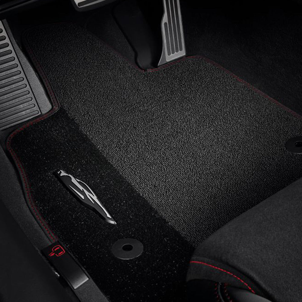 C8 Corvette Floor Mats, Jet Black w/Corvette Silhouette Logo and Torch Red Borde