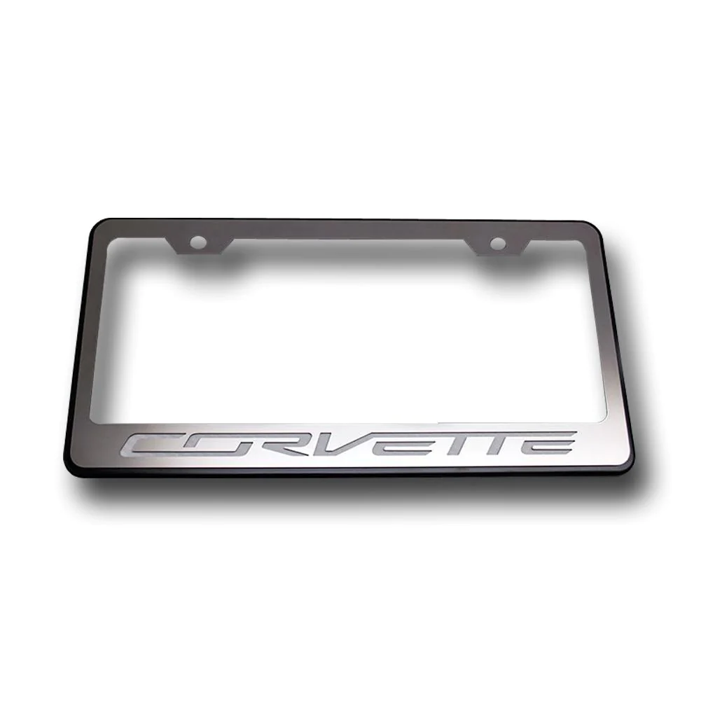 C7 Corvette Stingray License Plate Frame,  Black w/Brushed Stainless Steel Overl
