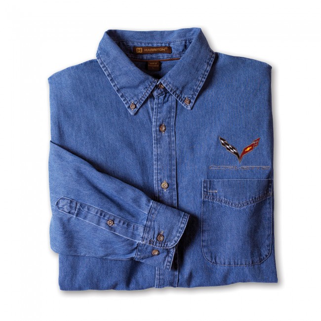 Corvette, Mens C7 Corvette Flag Logo Denim Shirt - Denim