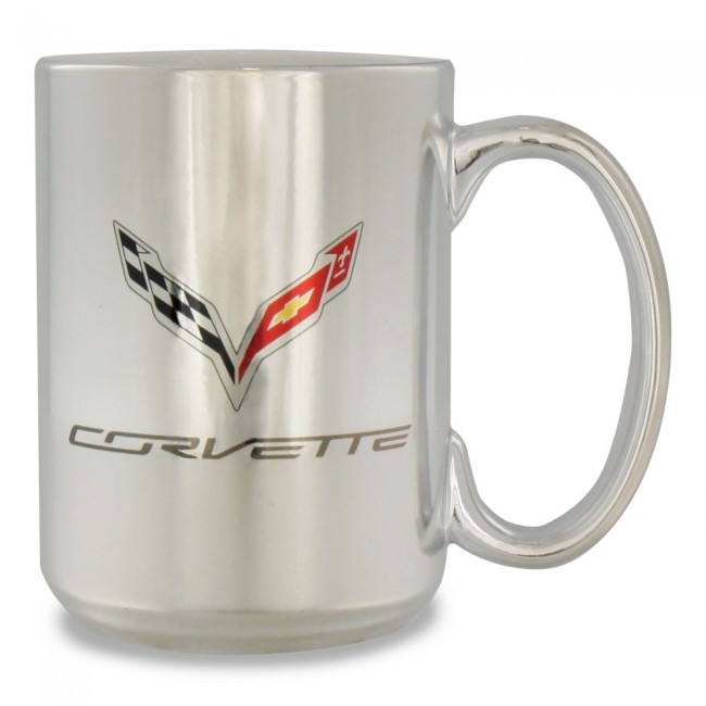 C7 Corvette, Crossed Flags Mug Silver Ceramic Mug