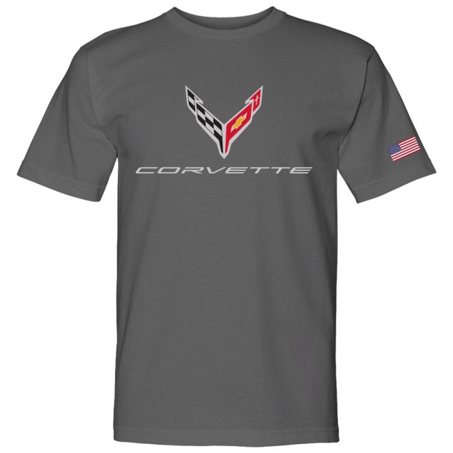 C8 Corvette, Next Generation 2020 Corvette USA Made Crossed Flags Charcoal Tee