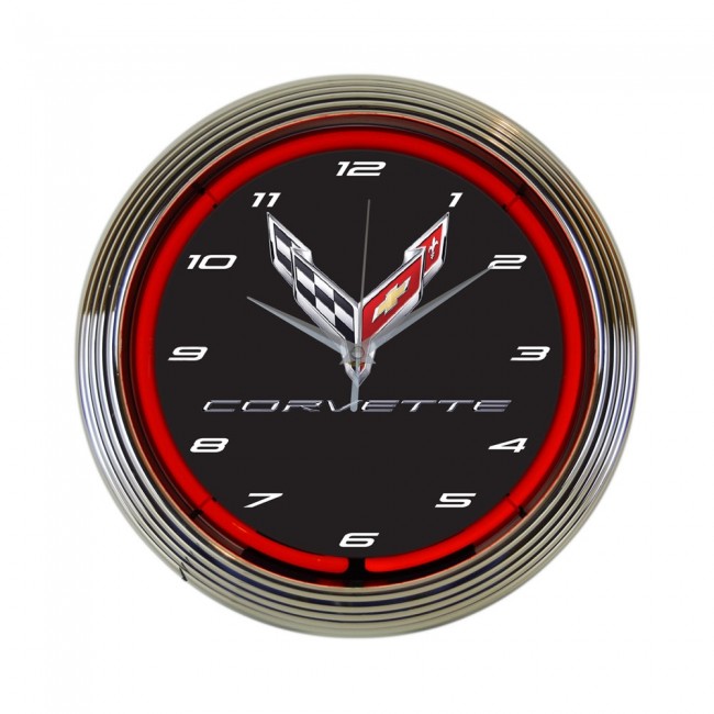 C8 Corvette, Next Generation 2020 Corvette Crossed Flags Neon Clock