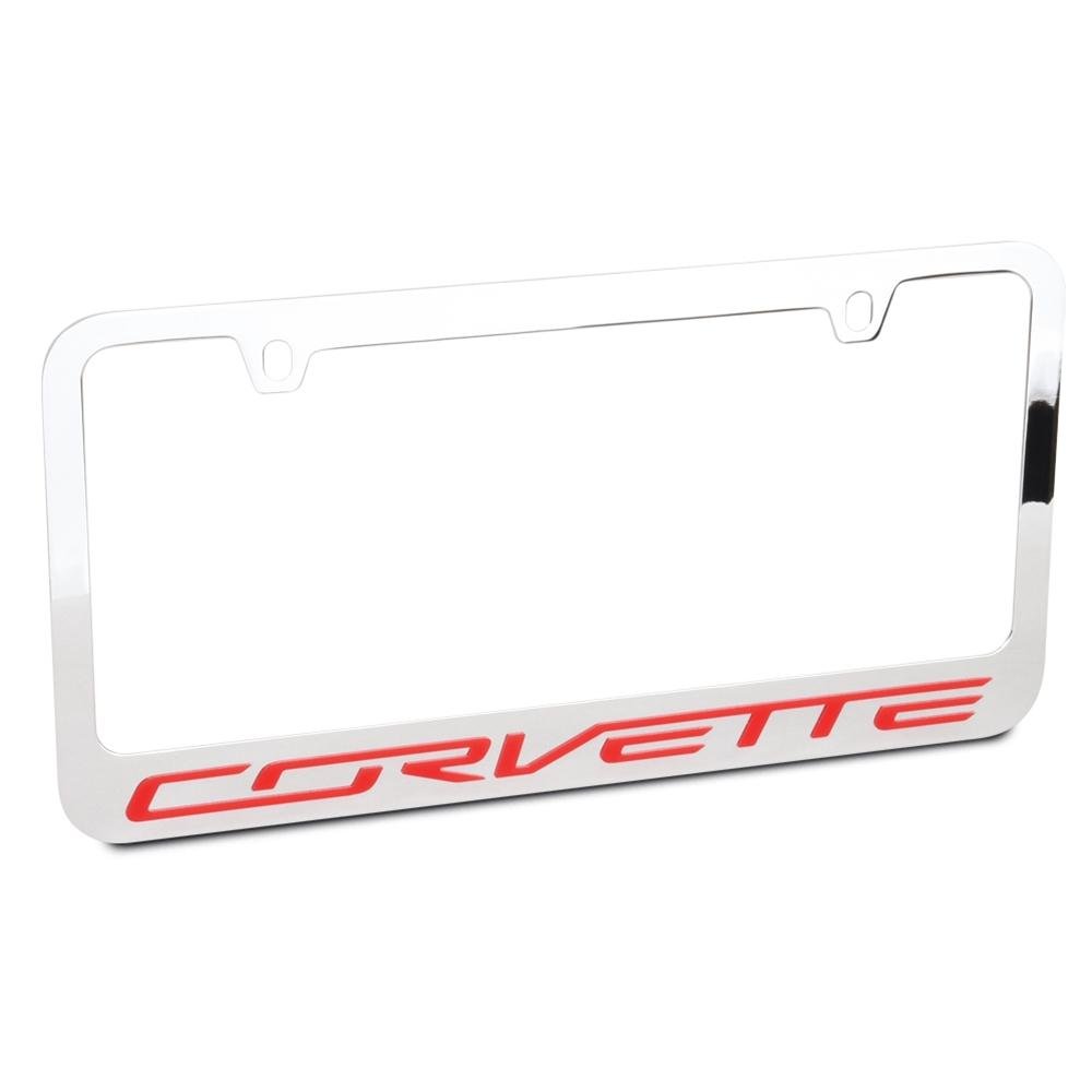 Corvette Red Script on Chrome License Plate Frame, C7 Stingray,  Z51,  Z06,  Gra