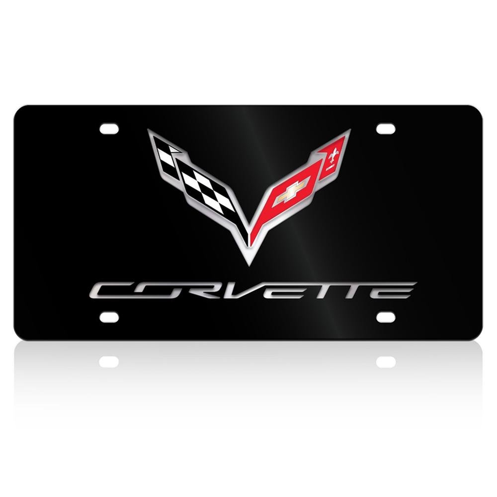Corvette Crossed Flags with Corvette Script License Plate/Tags,  Black Stainless