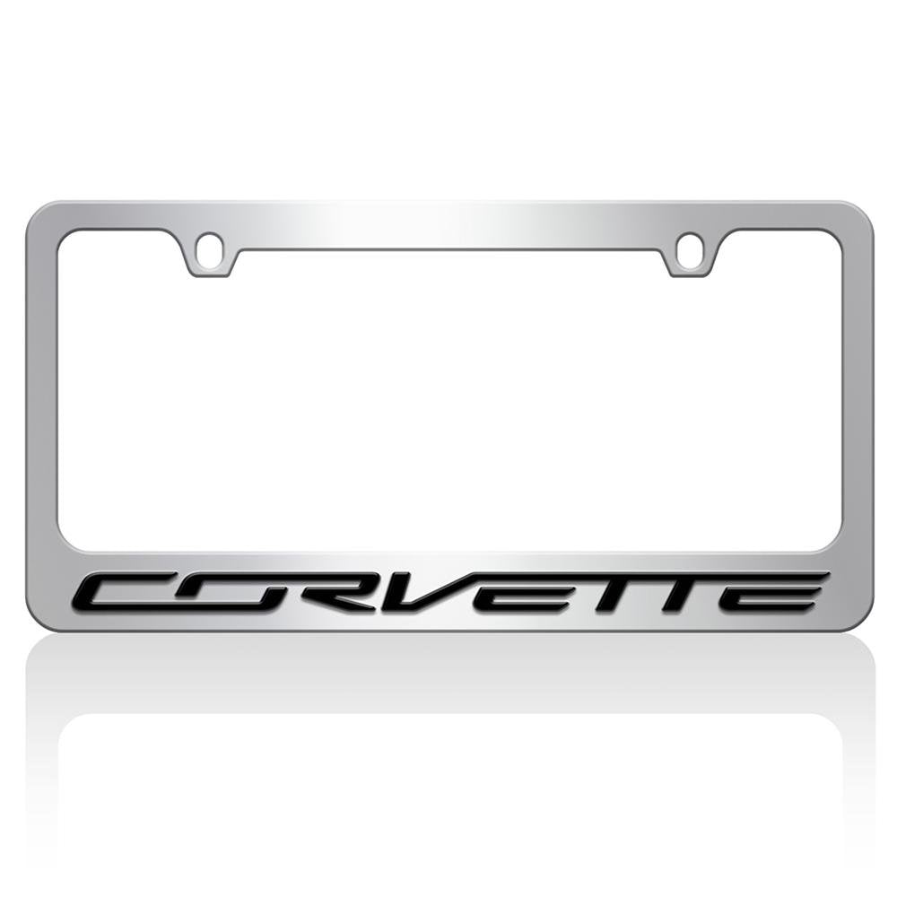 Corvette Black Script on Chrome License Plate Frame, C7 Stingray, Z51, Z06, Gran