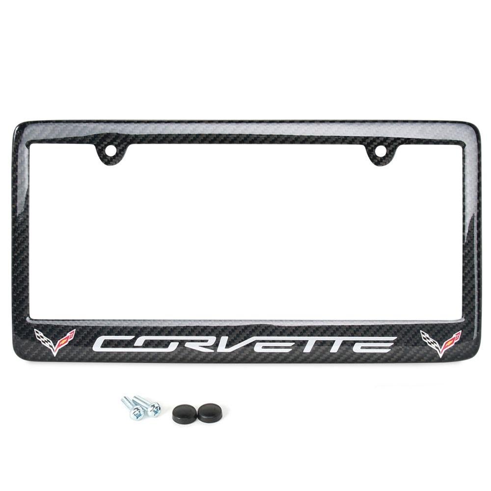 C7 Lite Gray Corvette script with w/Double Logo License Plate Frame,  Carbon Fib