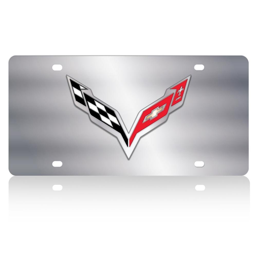 Corvette Crossed Flags License Plate/Tags,  Polished Stainless Steel, C7 Stingra