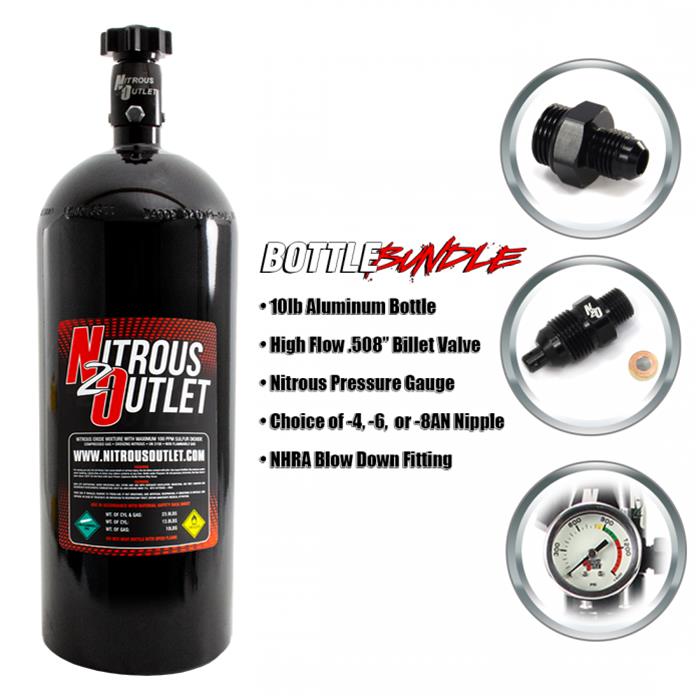 Nitrous Outlet 10lb Bottle Bundle - .508 ID Billet Valve/8AN Nipple/NHRA Blow Of