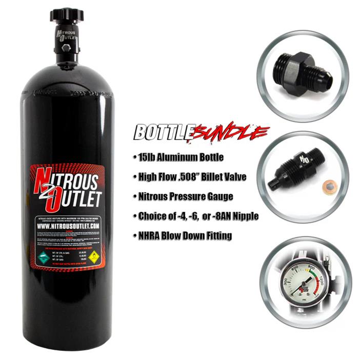 Nitrous Outlet 15lb Bottle Bundle - .508 ID Billet Valve/6AN Nipple/NHRA Blow Of