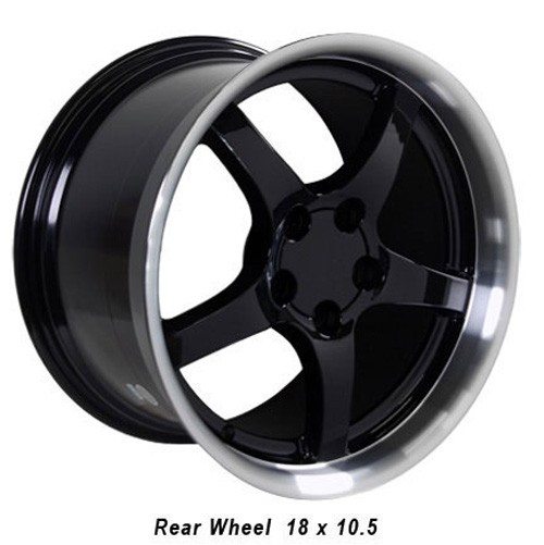 18" Replica Wheel fits Chevy Corvette,  CV05 Deep Dish Machined Lip Black 18x10.5